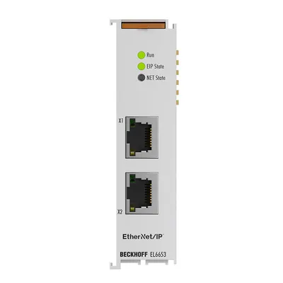 Beckhoff EL6653 – EtherCAT Terminal, 2-port communication interface, EtherNet/IP™, scanner Beckhoff EL6653 – EtherCAT Terminal, 2-port communication interface, EtherNet/IP™, scanner
