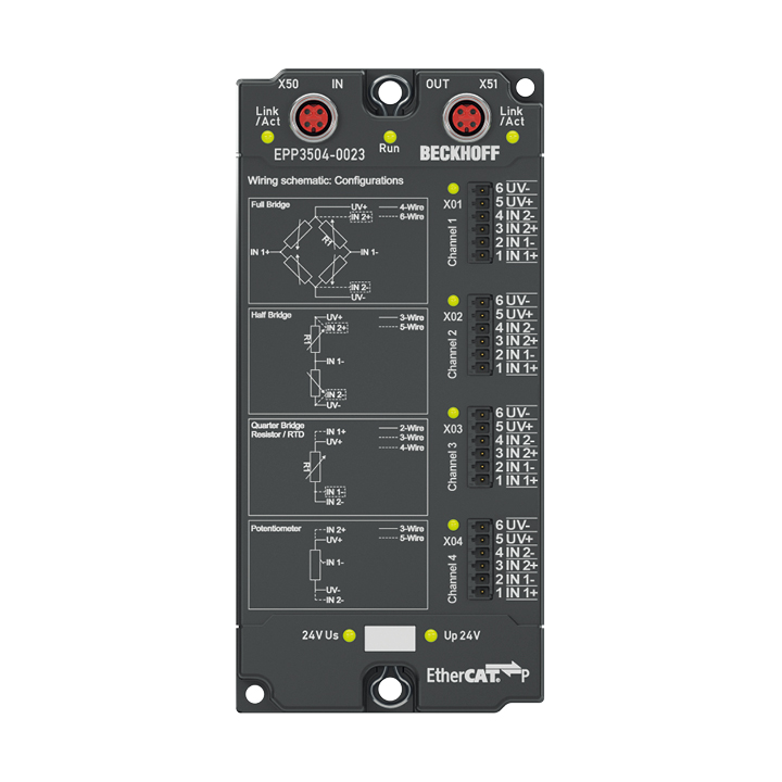 EtherCAT P Box, 4-channel analog input, measuring bridge, full/half/quarter bridge, 24 bit, 10 ksps, IP20 connector