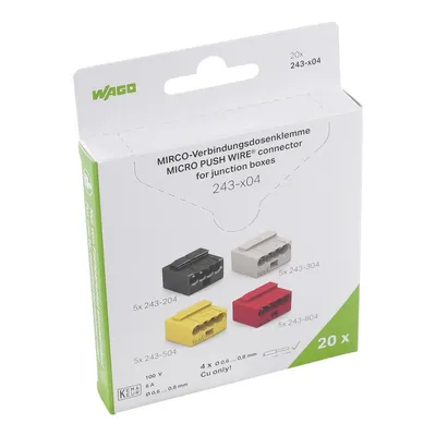 Wago 243-9294/995-020 – MICRO PUSH WIRE® connector for junction boxes; for solid conductors; max. 0.8 mm Ø; 4-conductor; light gray cover; Surrounding air temperature: max 60°C; 0,80 mm²; dark gray