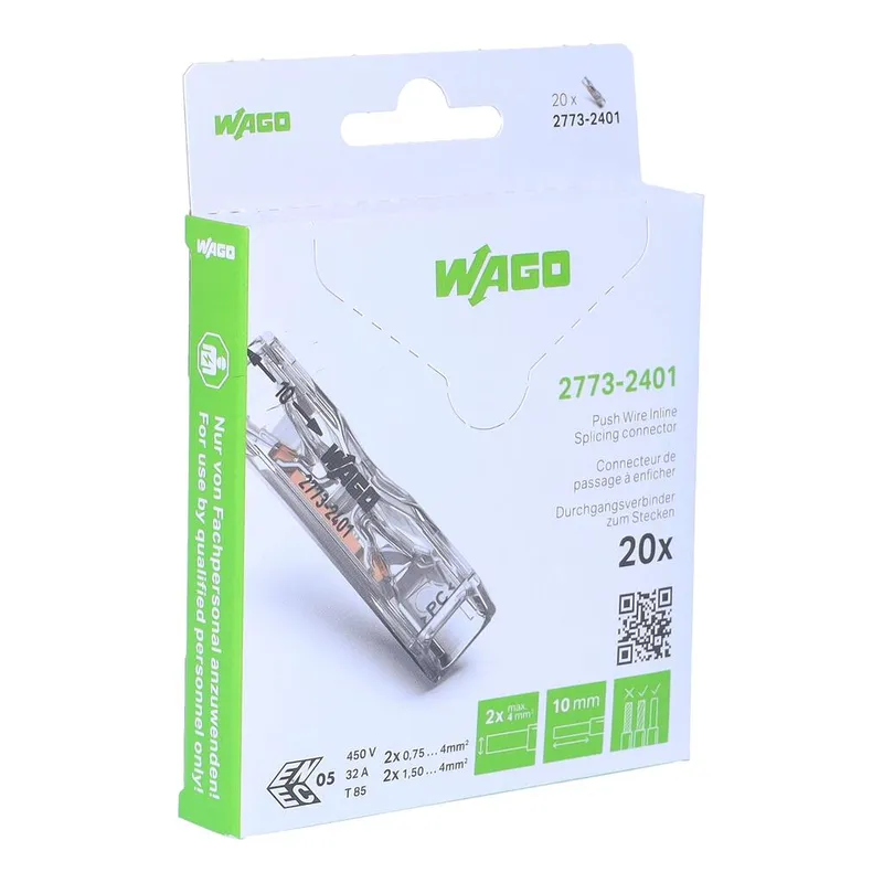 PUSH WIRE® Inline Splicing Connector; for solid and stranded conductors; max. 4 mm²; 2-conductor; transparent housing; Transparent cover; Surrounding air temperature: max 85°C (T85); 4,00 mm²