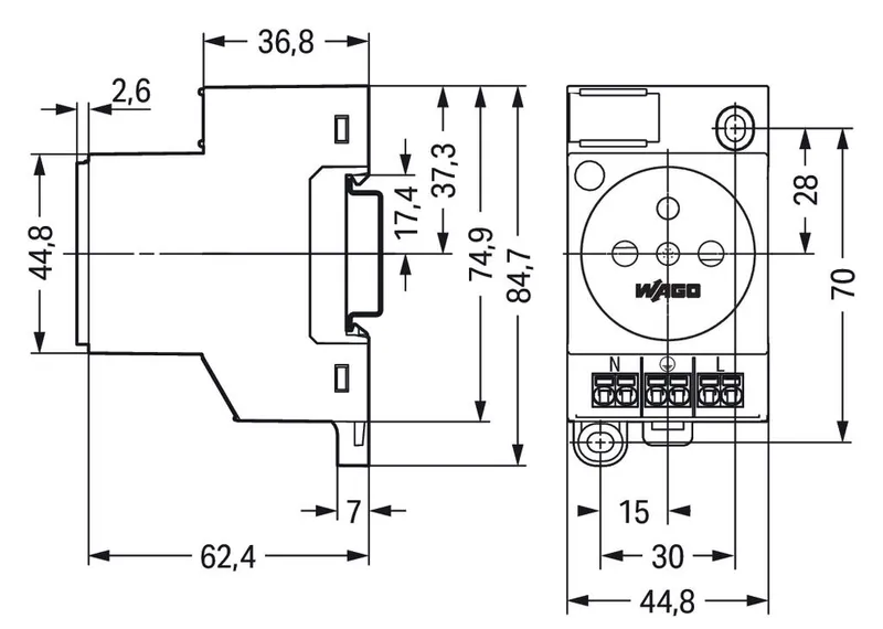 Switchgear cabinet outlet; for DIN-rail and screw mounting; for plug, type E, CEE 7/5; common in FR, BE, PL; with LED status indicator; with Push-in Cage Clamp double connection; light gray — photo 5 of 5