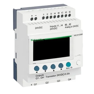 Schneider Electric SR2B122BD – Compact smart relay, Zelio Logic SR2 SR3, 12 IO, 24V DC, clock, display, 4 transistor outputs