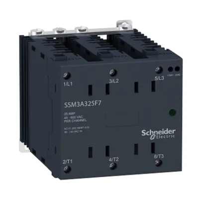 Schneider Electric SSM3A325BD – Single phase relay, Harmony Solid State Modular Relays, 25A, DIN rail mount, zero voltage switching, input 4 to 32V DC, output 48 to 600V AC